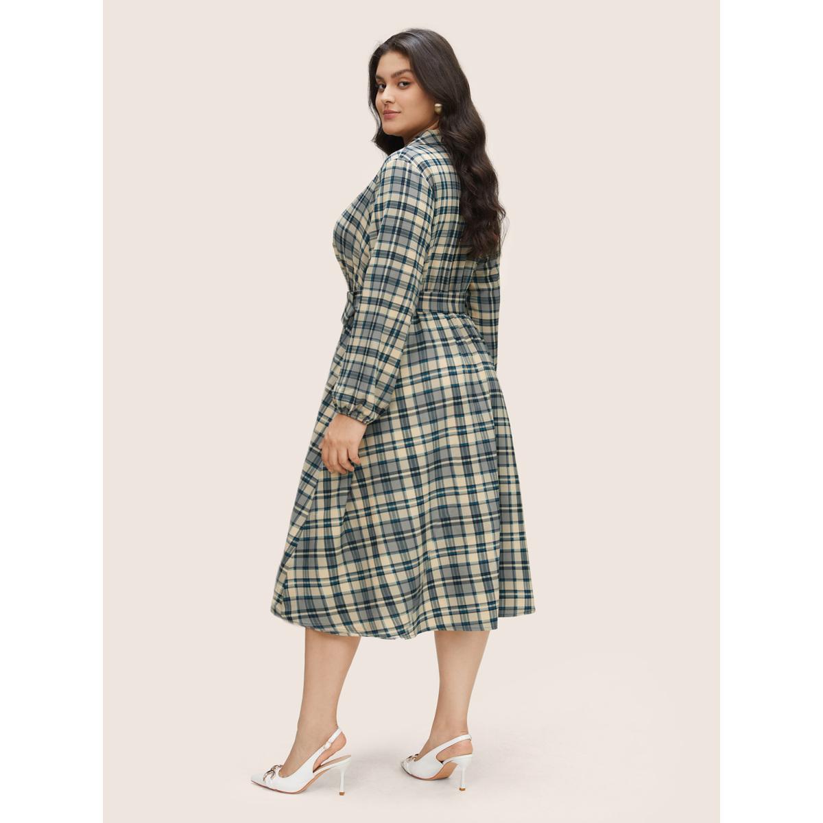 Plus Size Plaid Suit Collar Pocket Belted Dress Stone Women At the Office Non Suit Collar Long Sleeve Curvy Midi Dress BloomChic 28/5X Product Image