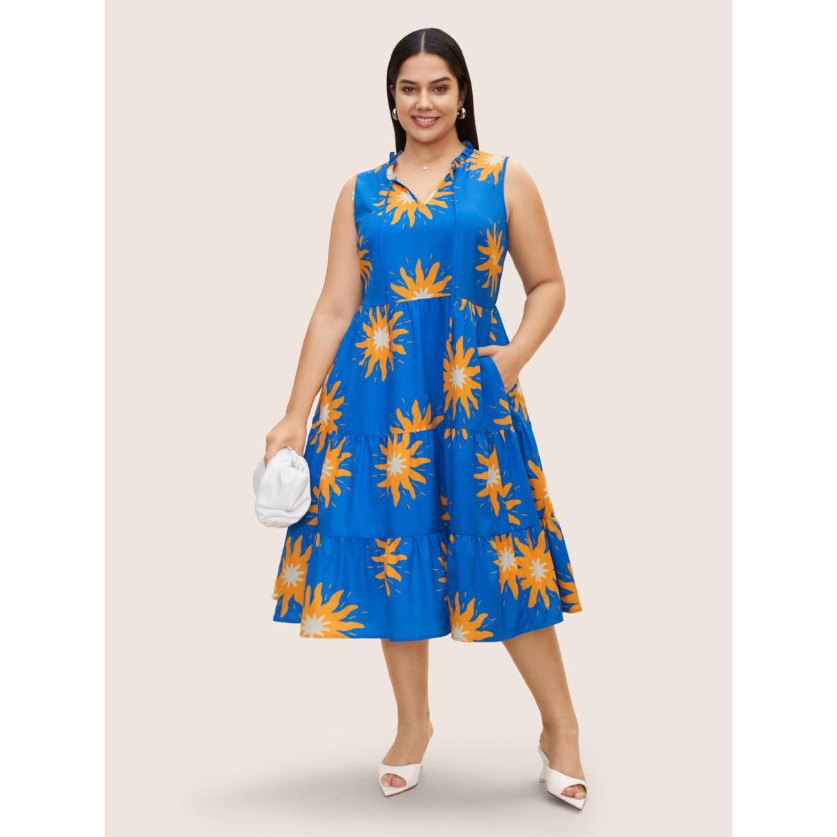 Plus Size Sun Print Tie Knot Ruffle Layered Hem Dress Skyblue Women Elegant Cross straps Round Neck Sleeveless Curvy BloomChic 18-20/2X Product Image