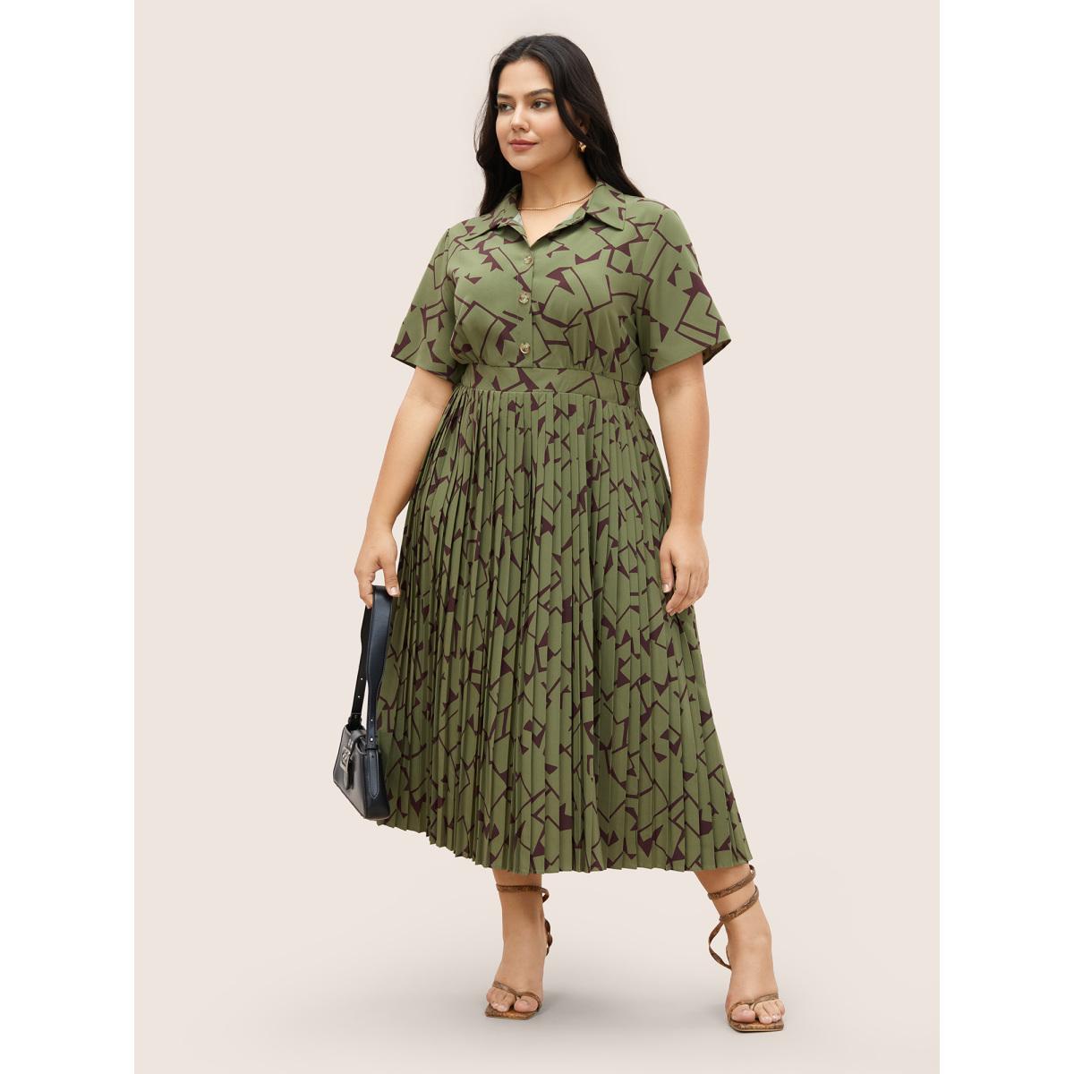 Plus Size Shirt Collar Geometric Button Up Pleated Dress Moss Women At the Office Pleated Shirt collar Short sleeve Curvy Midi Dress BloomChic 26/4X Product Image