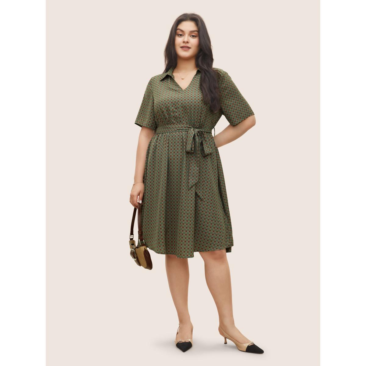 Plus Size Geometric Print Polo Neck Belted Dress Moss Women At the Office Belted Polo Short sleeve Curvy Midi Dress BloomChic 18-20/2X Product Image