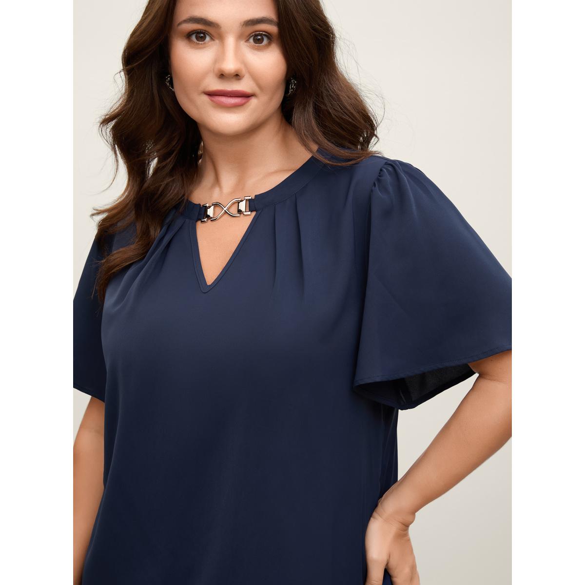 Plus Size DarkBlue Metal Clasp Neckline Lotus Leaf Sleeve Blouse Women Office Short sleeve Non Office Blouses BloomChic 18-20/2X Product Image
