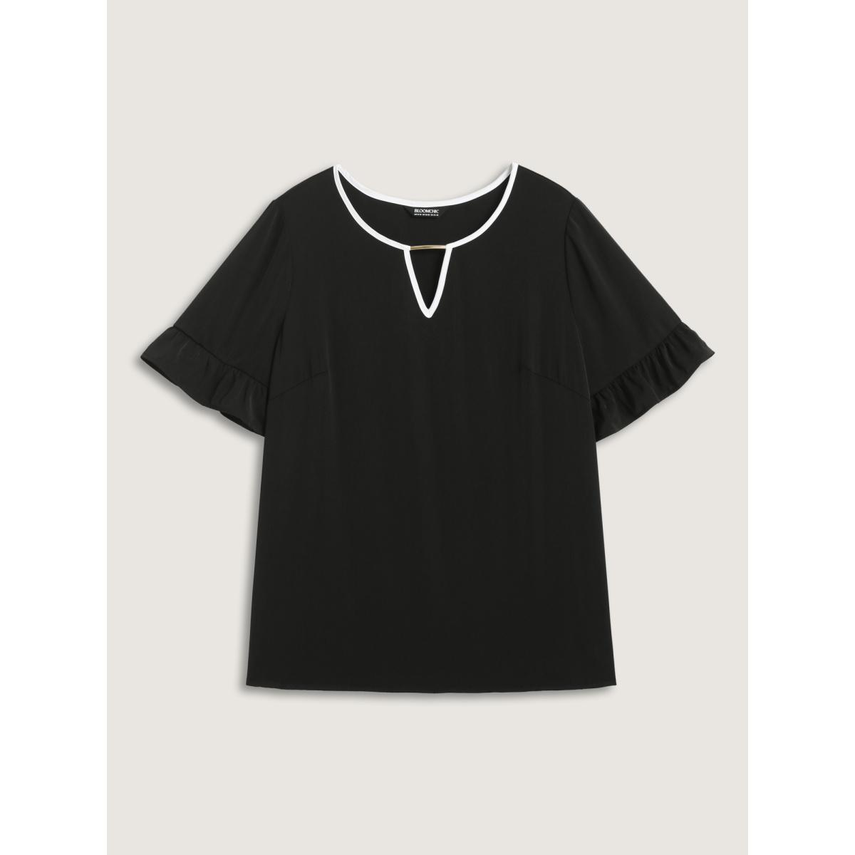 Plus Size Black Metallic Detail Neck Cut-Out Blouse Women Short sleeve Boat Neck Work Blouses BloomChic 12/L Product Image