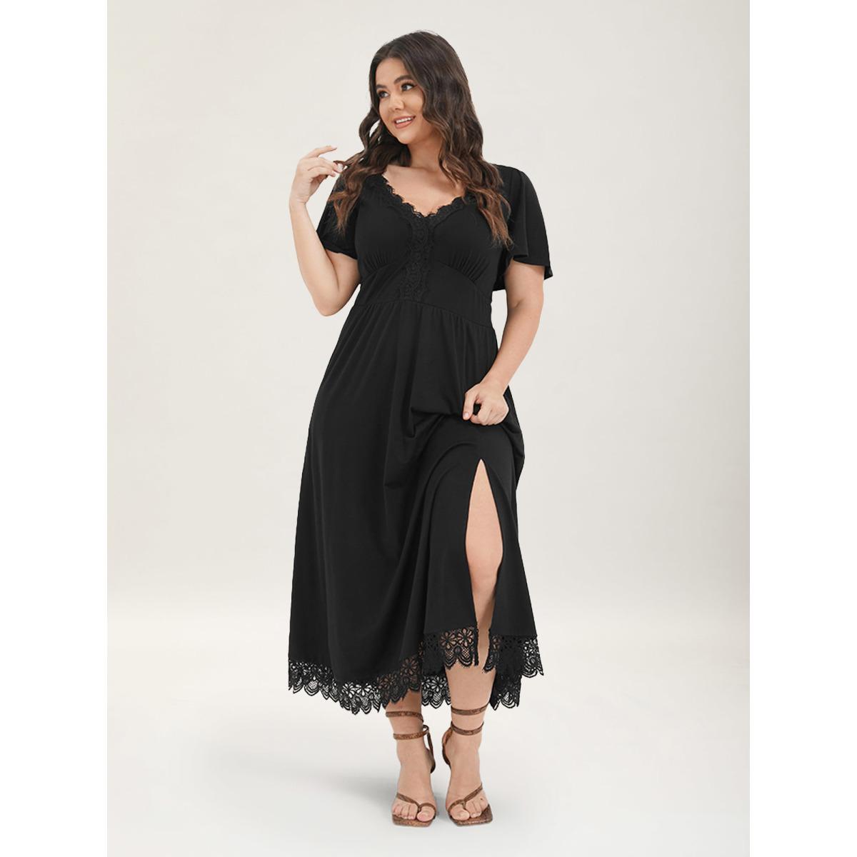 Plus Size Solid Pocket Contrast Lace Split Maxi Dress Black Women Romantic Patchwork V-neck Short sleeve Curvy Long Dress BloomChic 14-16/1X Product Image