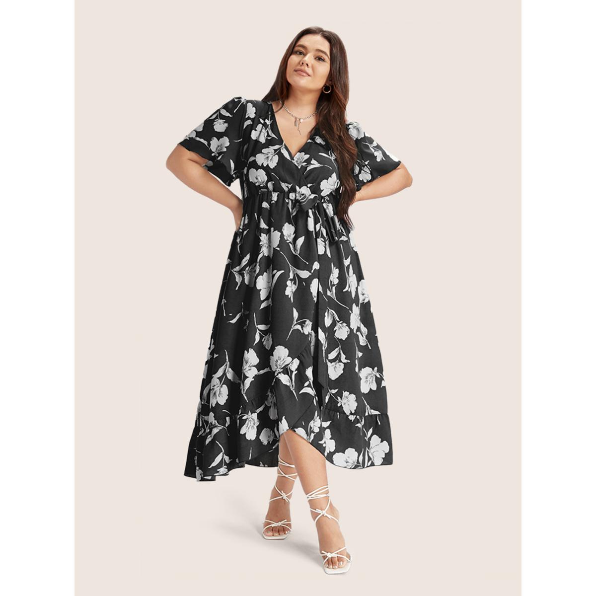 Plus Size Floral Ruffle Knot Side Wrap Dress BlackFlower Women Elegant Ruffles V-neck Short sleeve Curvy Midi Dress BloomChic 20/2X Product Image
