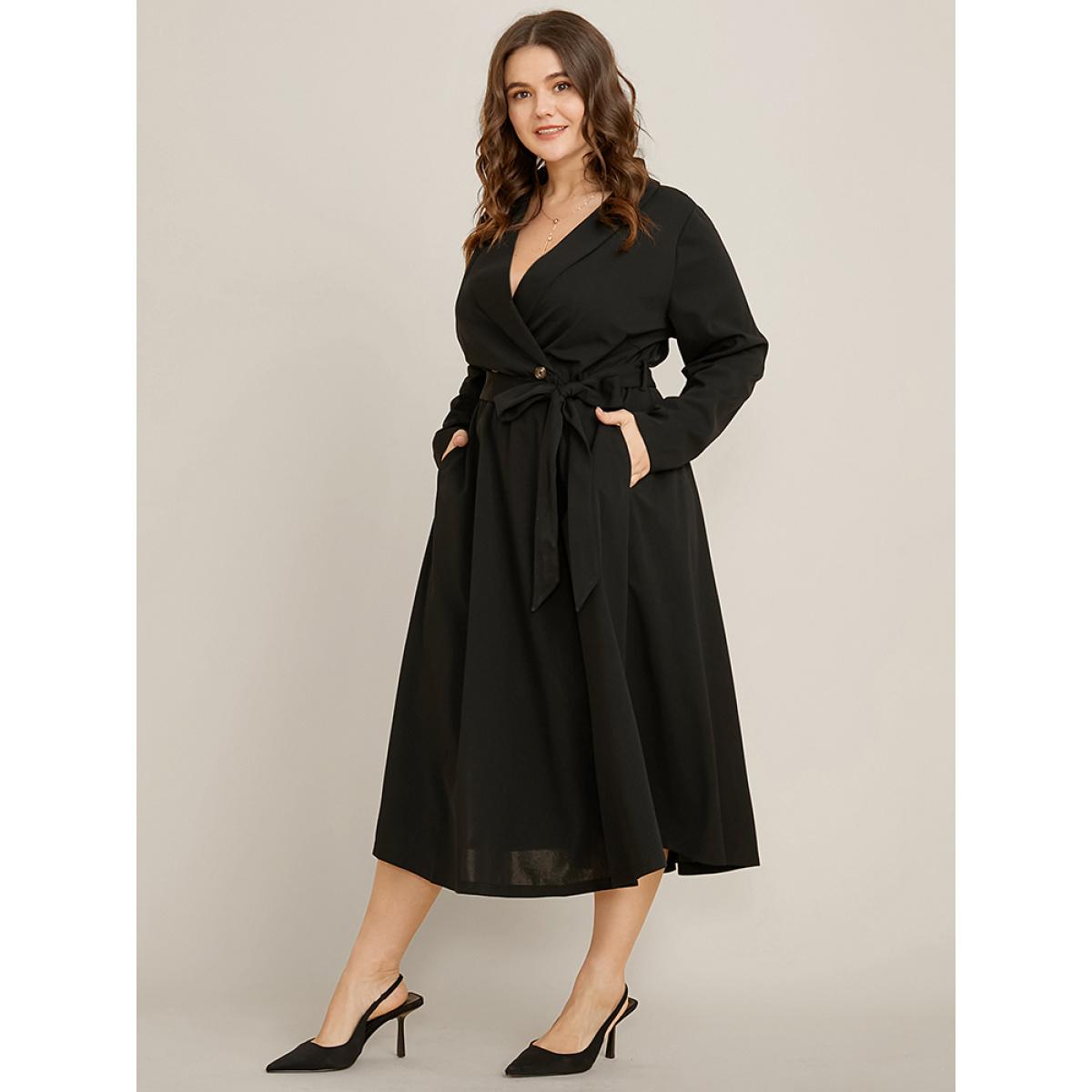 Plus Size Solid Pocket Belted Surplice Neck Flutter Dress Black Women Office Belted V-neck Long Sleeve Curvy Midi Dress BloomChic 26/4X Product Image