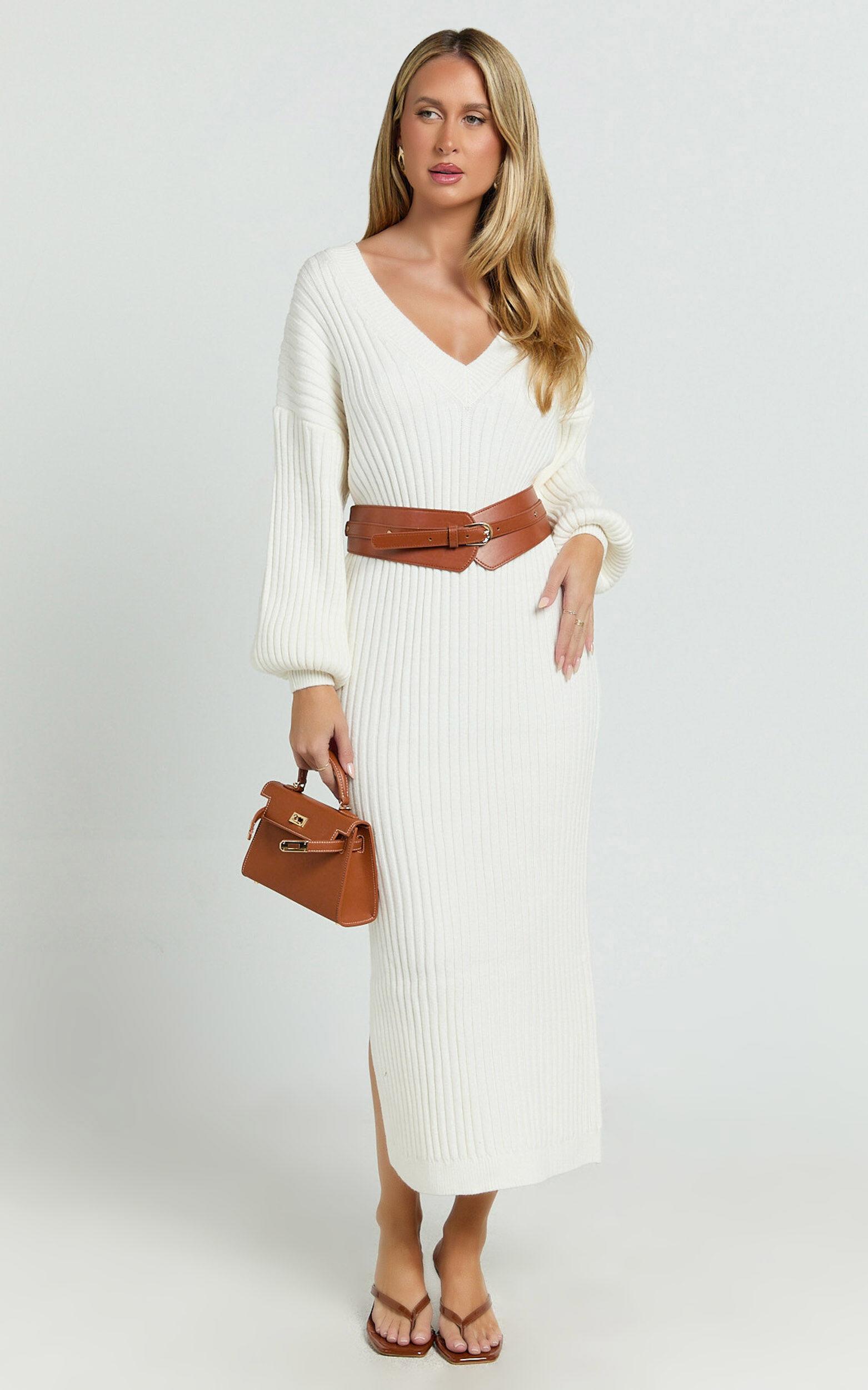Kartia Midi Dress - V Neck Knit Dress in Off White Product Image