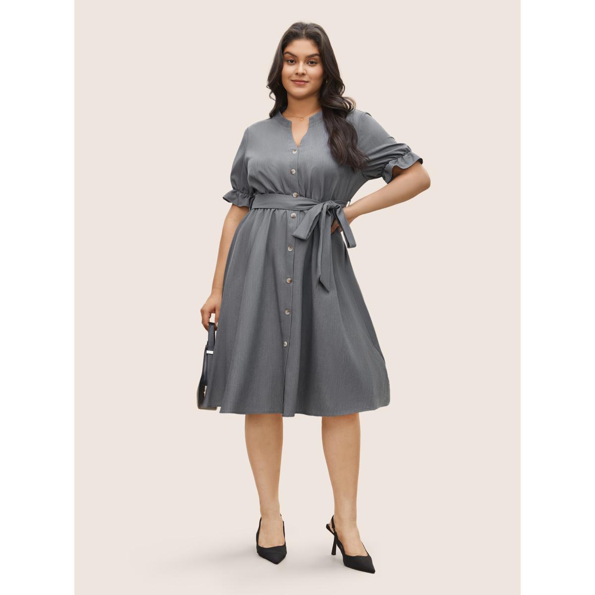Plus Size Notched Button Detail Elastic Waist Belted Dress Gray Women At the Office Non Notched collar Short sleeve Curvy Midi Dress BloomChic 12/L Product Image