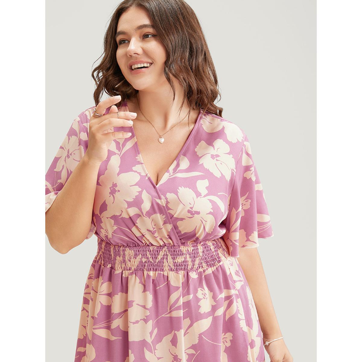 Plus Size Floral Surplice Neck Flutter Pocket Shirred Knee Dress Lilac Women Elegant Pocket V-neck Short sleeve Curvy Knee Dress BloomChic 10/M Product Image
