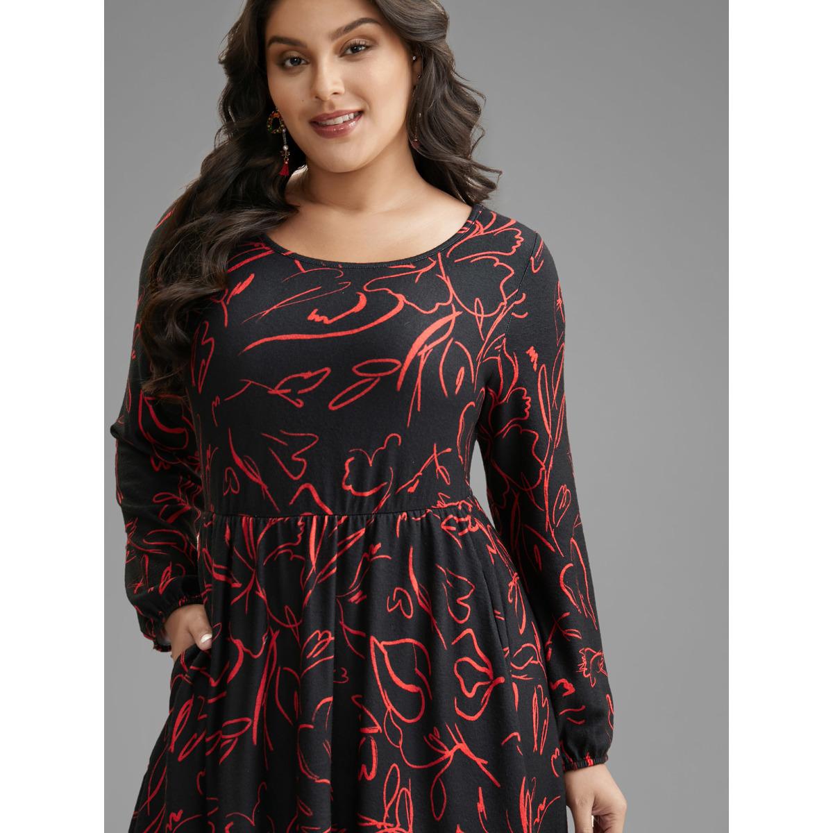 Plus Size Floral Knit Round Neck Midi Dress BlackFlower Women Casual Non Party Curvy Bloomchic 22-24/3X Product Image