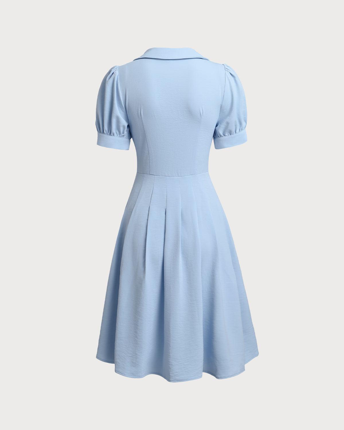 Blue U Neck Puffed Sleeve Pleated Midi Dress Product Image