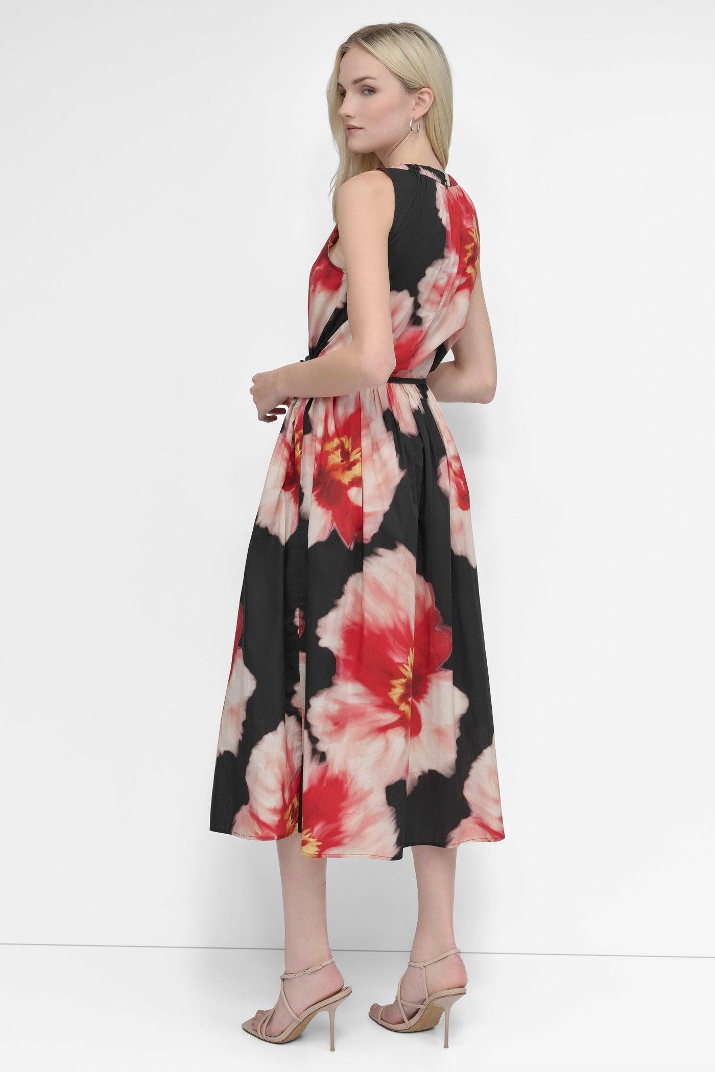 SLEEVELESS SHIRRING MIDI DRESS WITH BELT Product Image