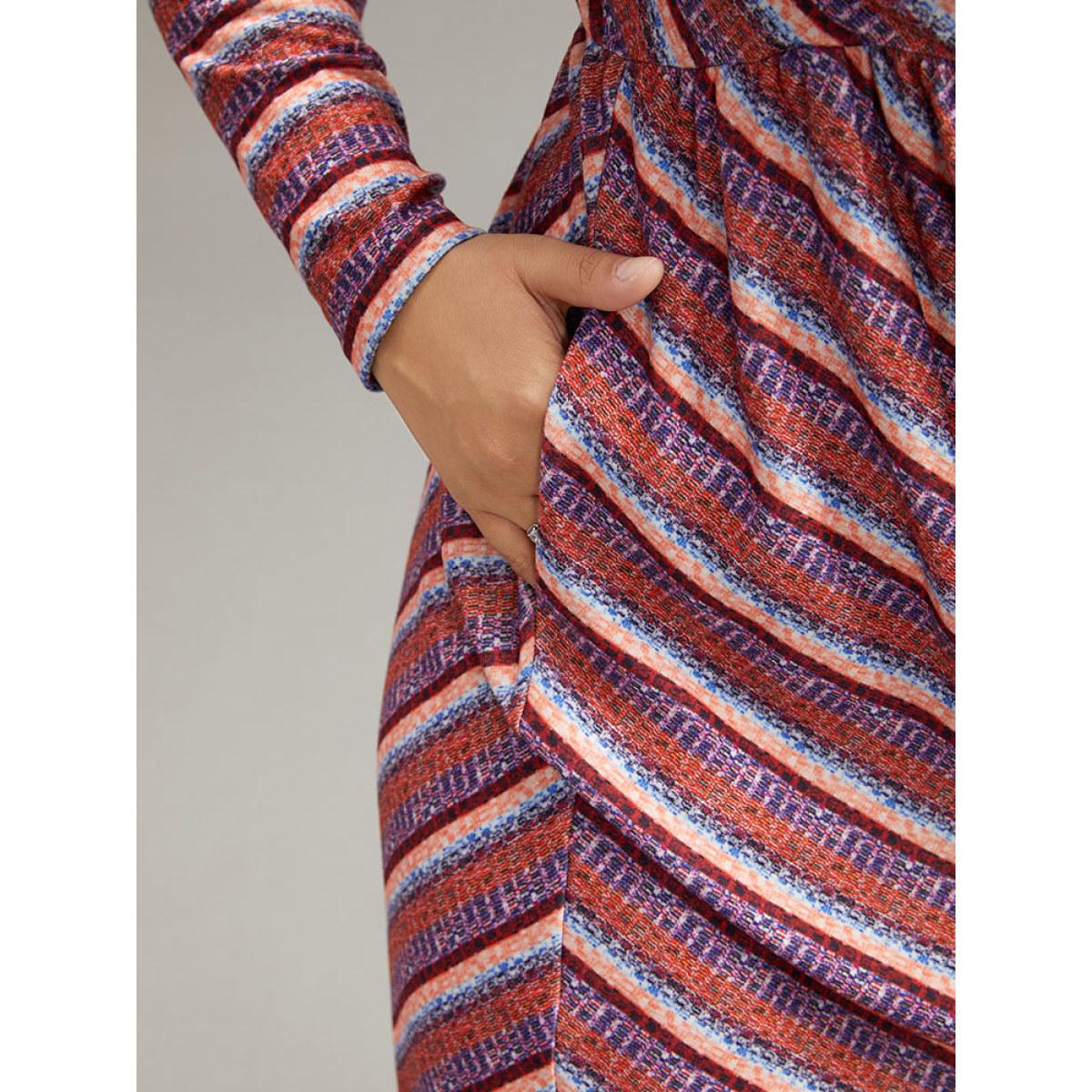 Plus Size Striped Elastic Waist Gathered Dress DustyPink Women Casual Printed V-neck Long Sleeve Curvy Midi Dress BloomChic 22-24/3X Product Image