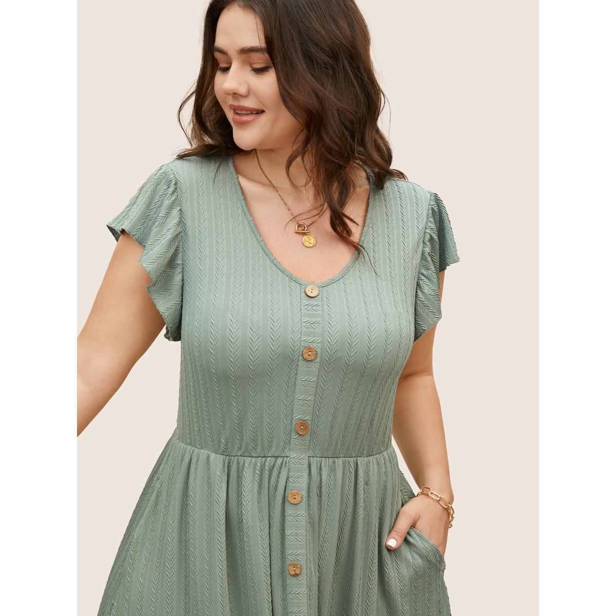 Plus Size Texture Button Detail Ruffle Cap Sleeve Dress Sage Women Casual Texture V-neck Cap Sleeve Curvy BloomChic 14-16/1X Product Image