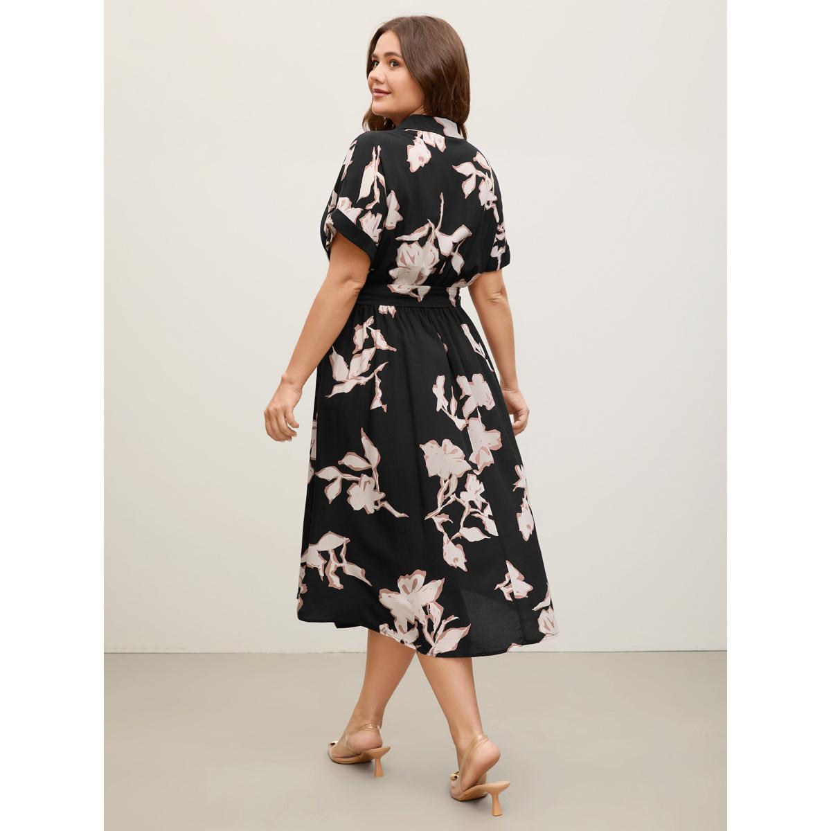 Plus Size Rayon Floral Stretchy Waist Pockets Midi Dress BlackFlower Women Shirt collar Short sleeve Curvy BloomChic 28/5X Product Image