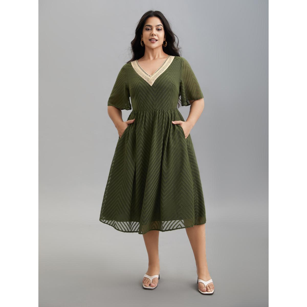 Plus Size Lace V-Neck Chiffon Waist-Cinched Midi Dress ArmyGreen Women Resort Woven ribbon&lace trim V-neck Half Sleeve Curvy BloomChic 10/M Product Image