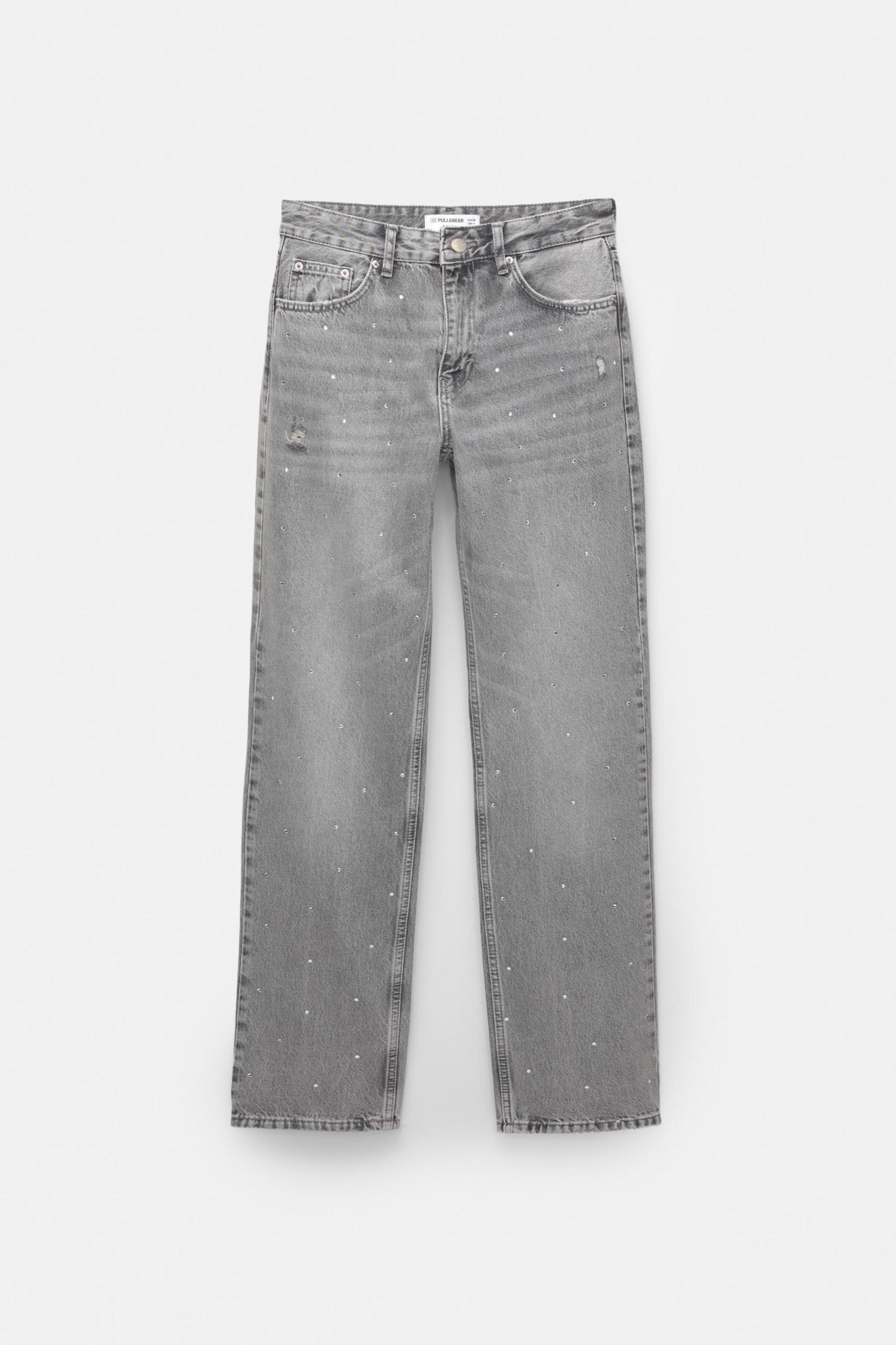 Straight-leg baggy jeans with rhinestones Product Image