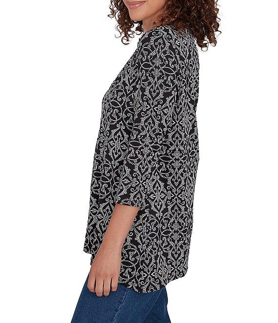 Ruby Rd. Medallion Knit Asymmetric Neck 3/4 Sleeve Top Product Image
