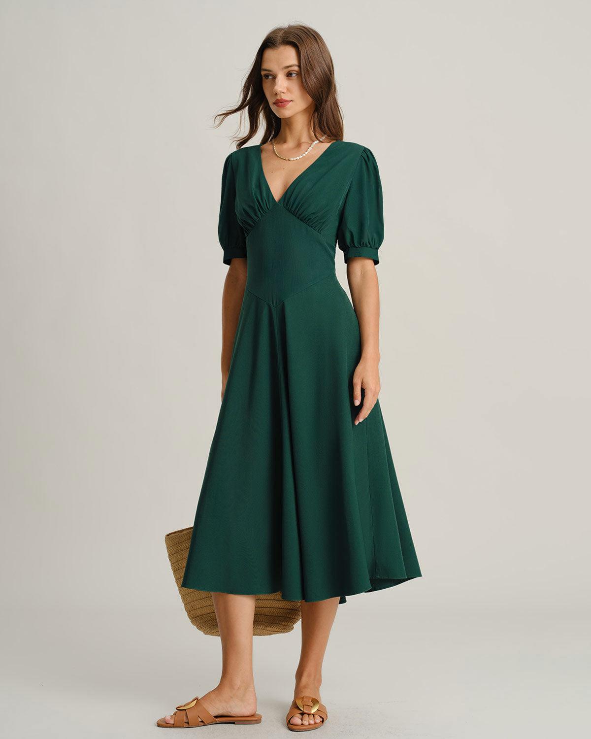 Green V Neck Ruched Midi Dress Product Image