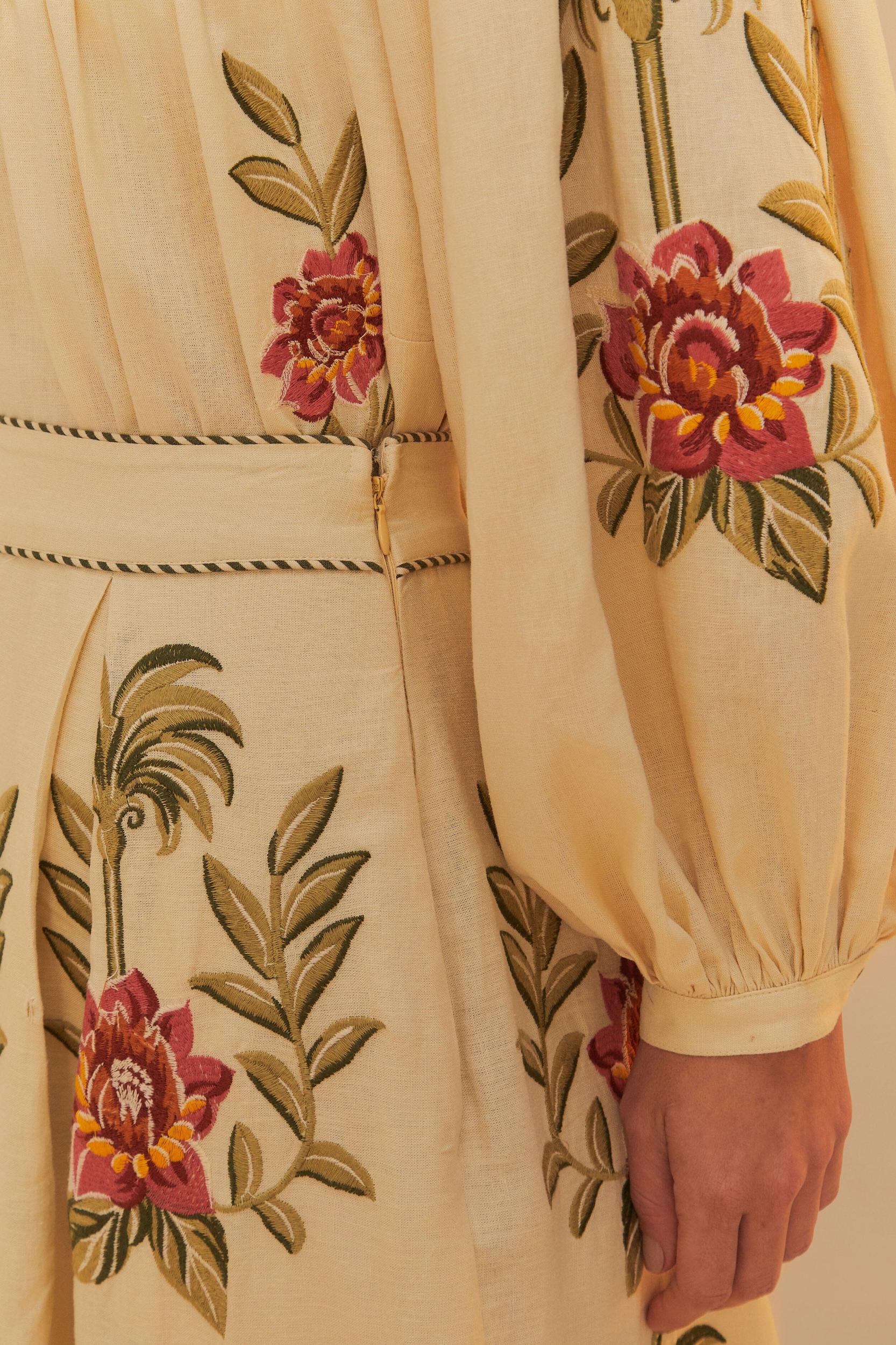 Sand Tropical Flower Embroidered LENZING™ ECOVERO™ Euroflax™ Maxi Skirt Product Image