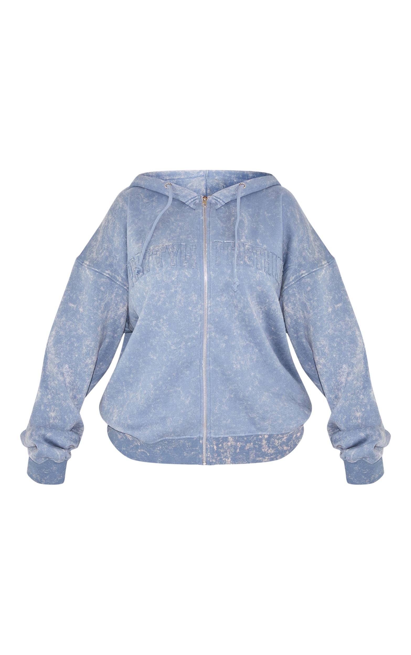 PRETTYLITTLETHING Shape Petrol Blue Embroidery Washed Zip Through Hoodie Product Image