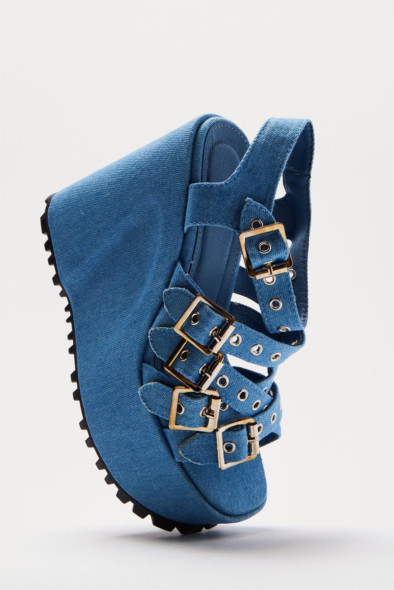 Mikey Buckle Platform Wedges - Blue Product Image