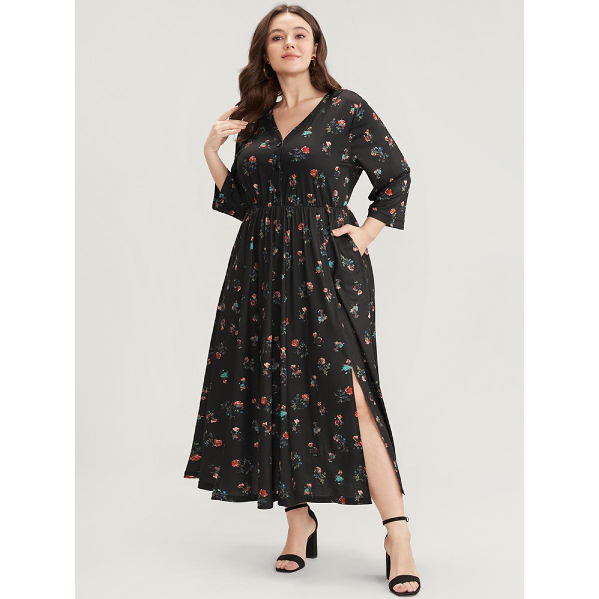 Plus Size Ditsy Floral Button Up Pocket Split Hem Dress BlackFlower Women Elegant Slit V-neck Curvy Midi Dress BloomChic 12/L Product Image
