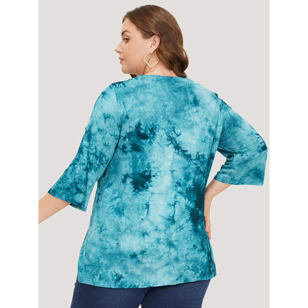 Plus Size Tie Dye Roll Sleeve Lace Up T-shirt Cerulean Women Casual Tie Dye V-neck Dailywear T-shirts BloomChic 18-20/2X Product Image