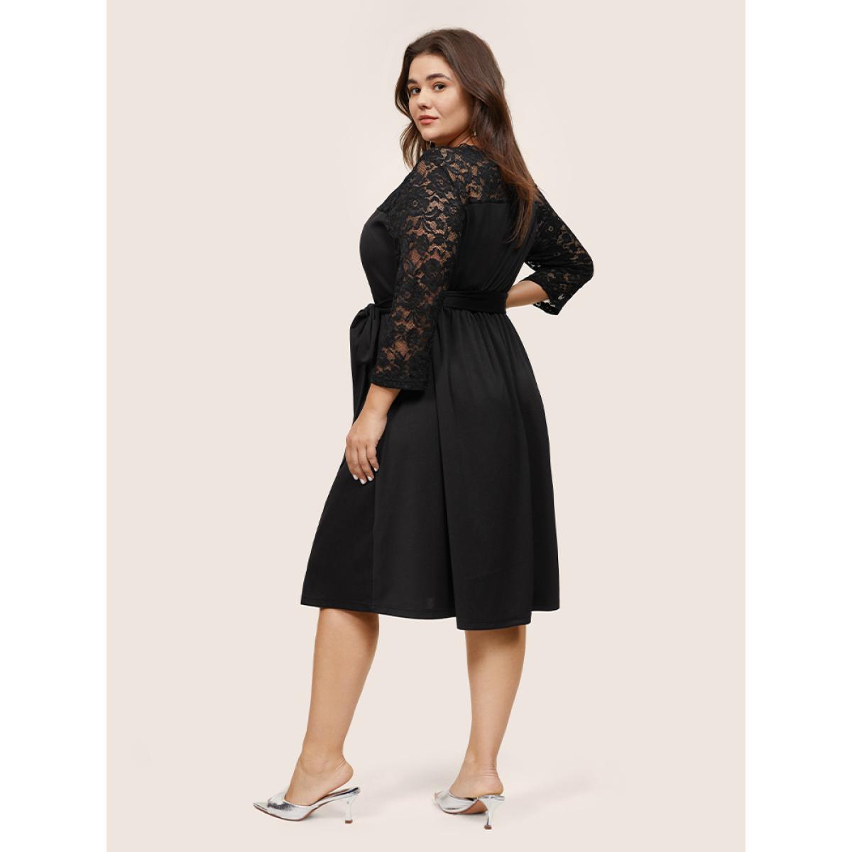 Plus Size Plain Crochet Lace Mesh Pocket Belted Dress Black Women Cocktail See through Round Neck Long Sleeve Curvy Midi Dress BloomChic 14-16/1X Product Image