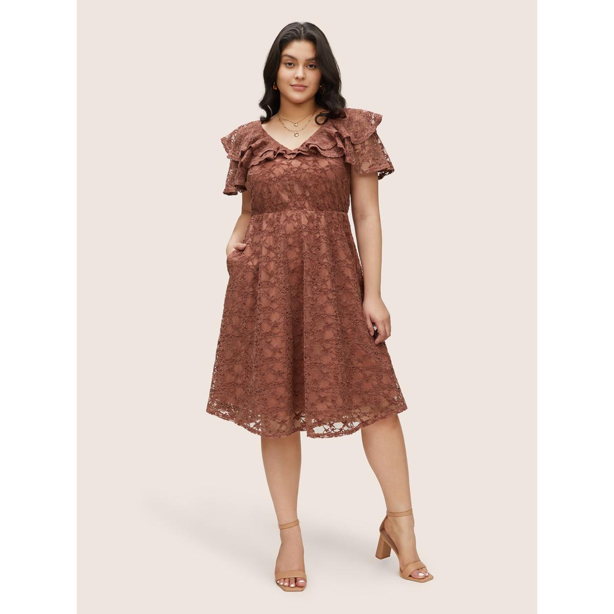 Plus Size Crochet Lace Mesh Tiered Ruffle Trim Dress Burgundy Women Elegant Texture V-neck Sleeveless Curvy Midi Dress BloomChic 14-16/1X Product Image