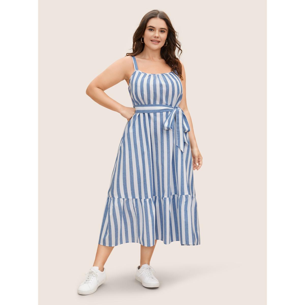 Plus Size Striped Linen Blend Ruffle Layered Hem Dress LightBlue Women Casual Belted Square Neck Sleeveless Curvy BloomChic 28/5X Product Image