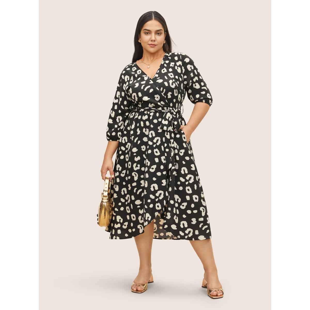 Plus Size Leopard Overlap Collar Elastic Waist Belted Dress Black Women At the Office Non Overlap Collar Elbow-length sleeve Curvy Midi Dress BloomChic 14-16/1X Product Image
