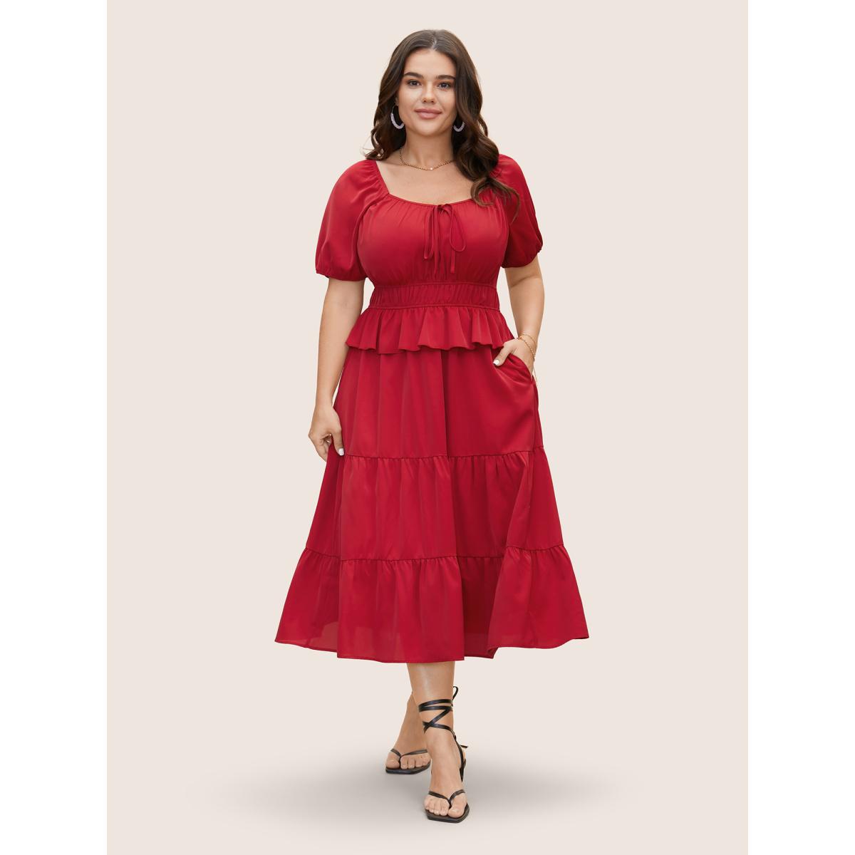 Plus Size Heart Neckline Bowknot Ruffle Trim Midi Dress Crimson Women Elegant Tie knot Heart neckline Short sleeve Curvy BloomChic 22-24/3X Product Image