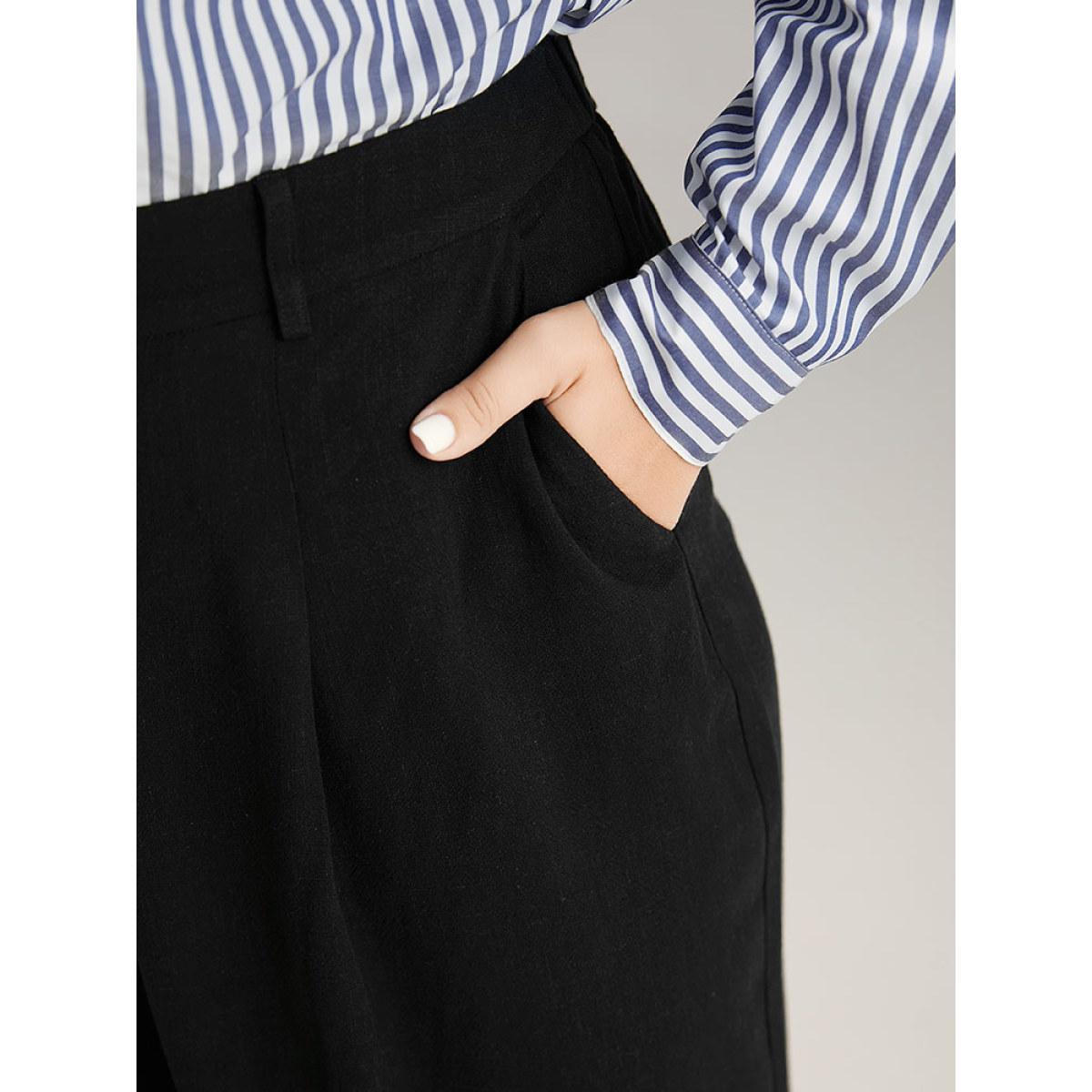 Plus Size Plain Pocket Straight Leg Pants Women Black Office Straight Leg High Rise Office Pants BloomChic 12/L Product Image