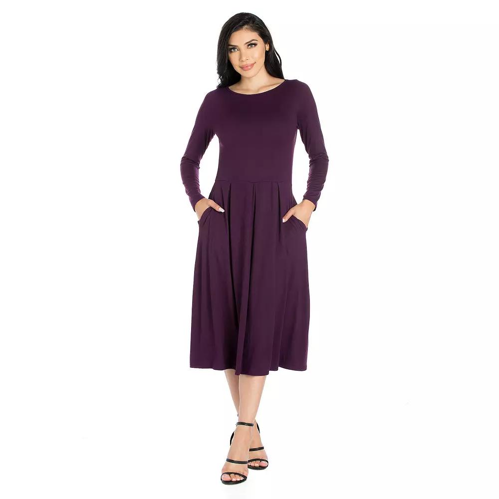 Women's 24Seven Comfort Apparel Long Sleeve Fit & Flare Dress with Pockets,  Product Image