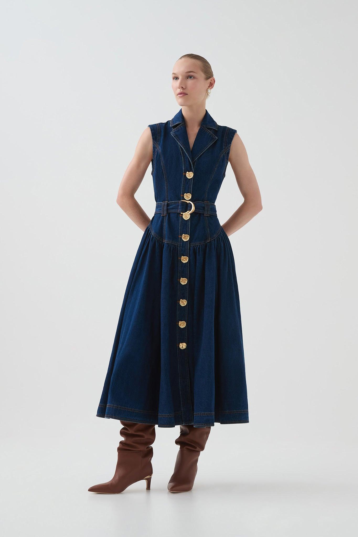Elena Belted Denim Midi Dress Product Image