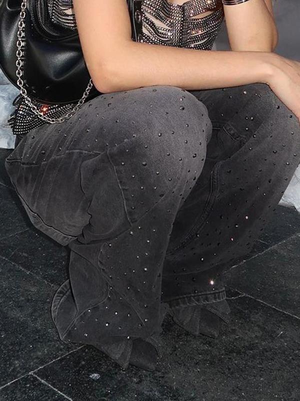 Wash Distressed Rhinestone High Rise Boyfriend Jeans Product Image