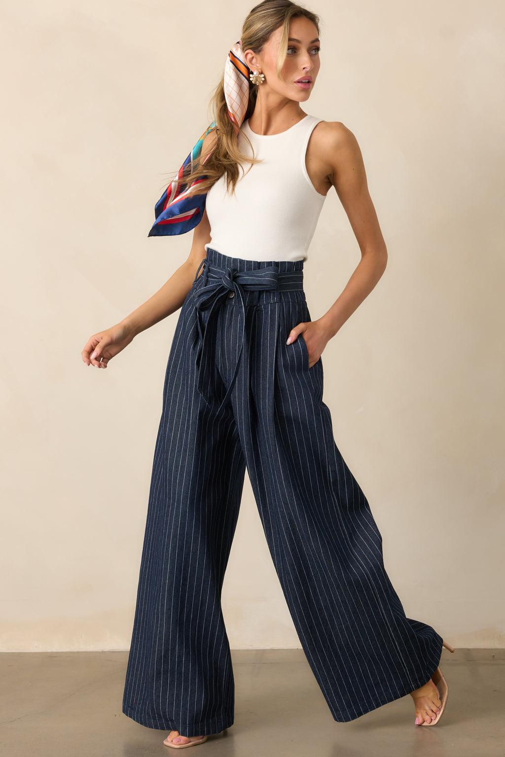 So In Sync Dark Wash Pinstripe Wide Leg Jeans Product Image