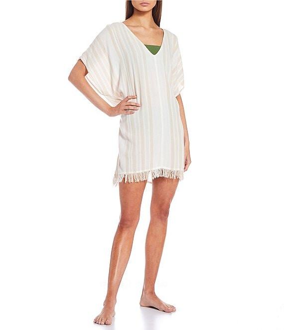 Billabong Walk Away Crinkled Striped V-Neck Fringe Swim Cover-Up Dress Product Image