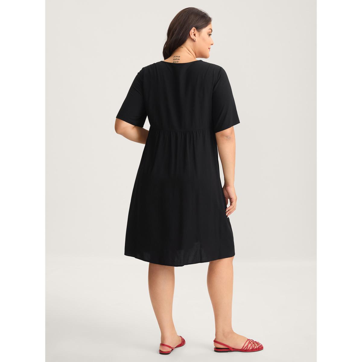 Plus Size Rayon Floral Embroidery Midi Dress Black Women Leisure V-neck Half Sleeve Curvy BloomChic 22-24/3X Product Image