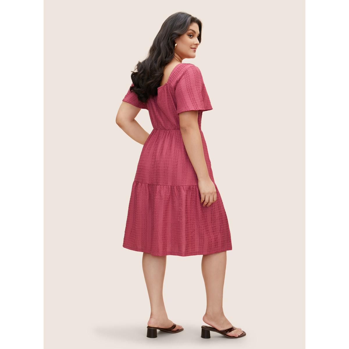 Plus Size Textured Heart Neckline Ruffle Sleeve Dress Rosered Women Elegant Texture Heart neckline Short sleeve Curvy BloomChic 22-24/3X Product Image