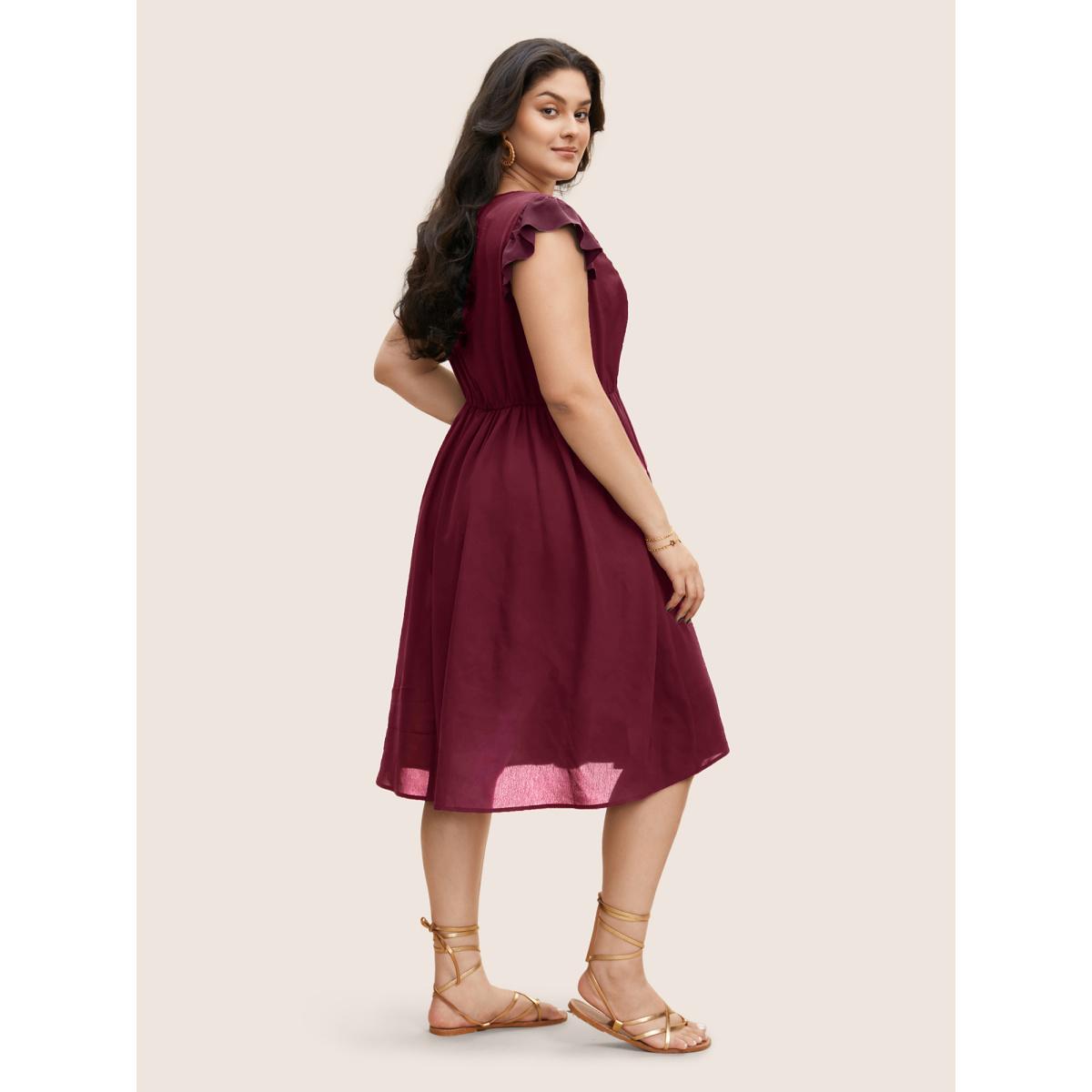 Plus Size Floral Embroidered V Neck Ruffle Cap Sleeve Dress RedViolet Women Boho Embroidered V-neck Cap Sleeve Curvy BloomChic 14-16/1X Product Image