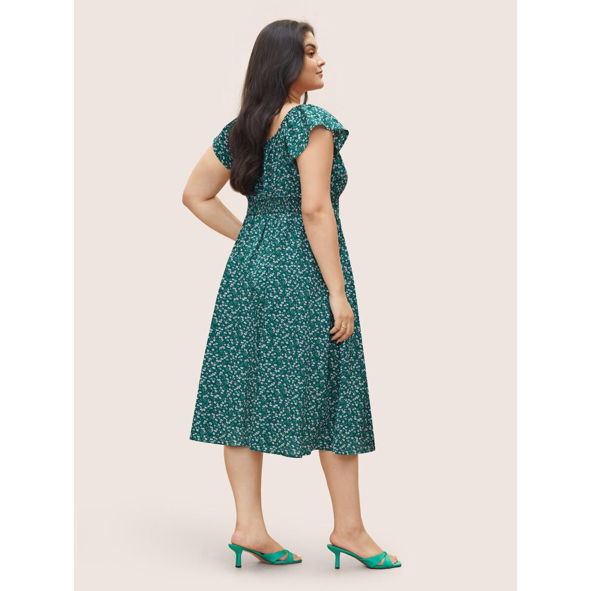 Plus Size Ditsy Floral Shirred Elastic Waist Split Hem Dress Teal Women Elegant Non Cap Sleeve Curvy Midi Dress BloomChic 28/5X Product Image