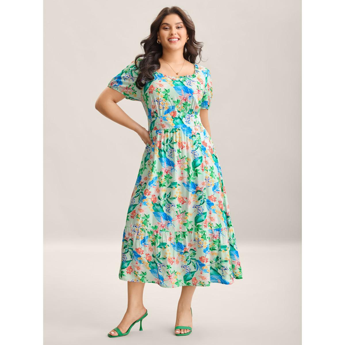 Plus Size Spring Flowers Printed Pockets Midi Dress Truegreen Women Heart neckline Short sleeve Curvy BloomChic 12/L Product Image