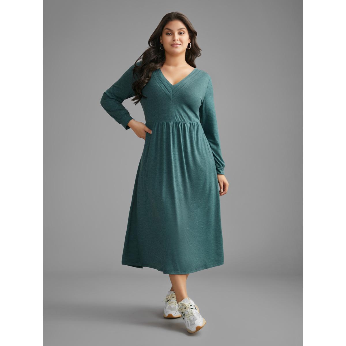 Plus Size Solid V Neck Pleated Knit Dress Teal Women Casual Pleated Knit Dresses Bloomchic 26/4X Product Image