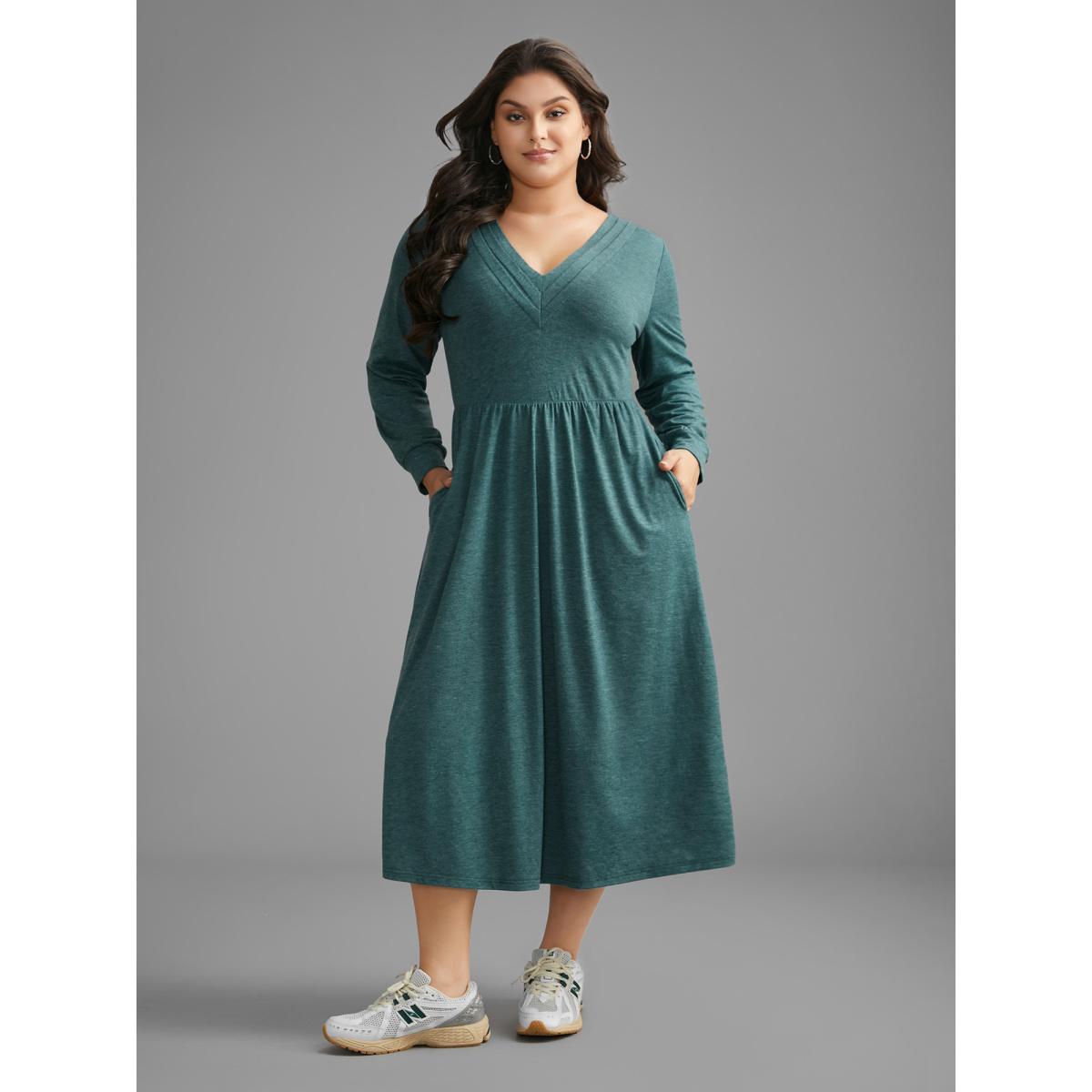 Plus Size Solid V Neck Pleated Knit Dress Teal Women Casual Pleated Knit Dresses Bloomchic 26/4X Product Image