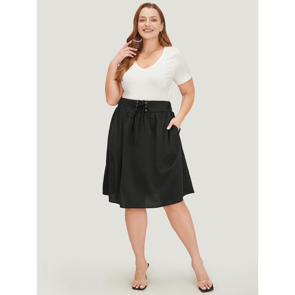 Plus Size Plain Pocket Lace Up Skirt Women Black Casual Plain No stretch Dailywear Skirts BloomChic 22-24/3X Product Image
