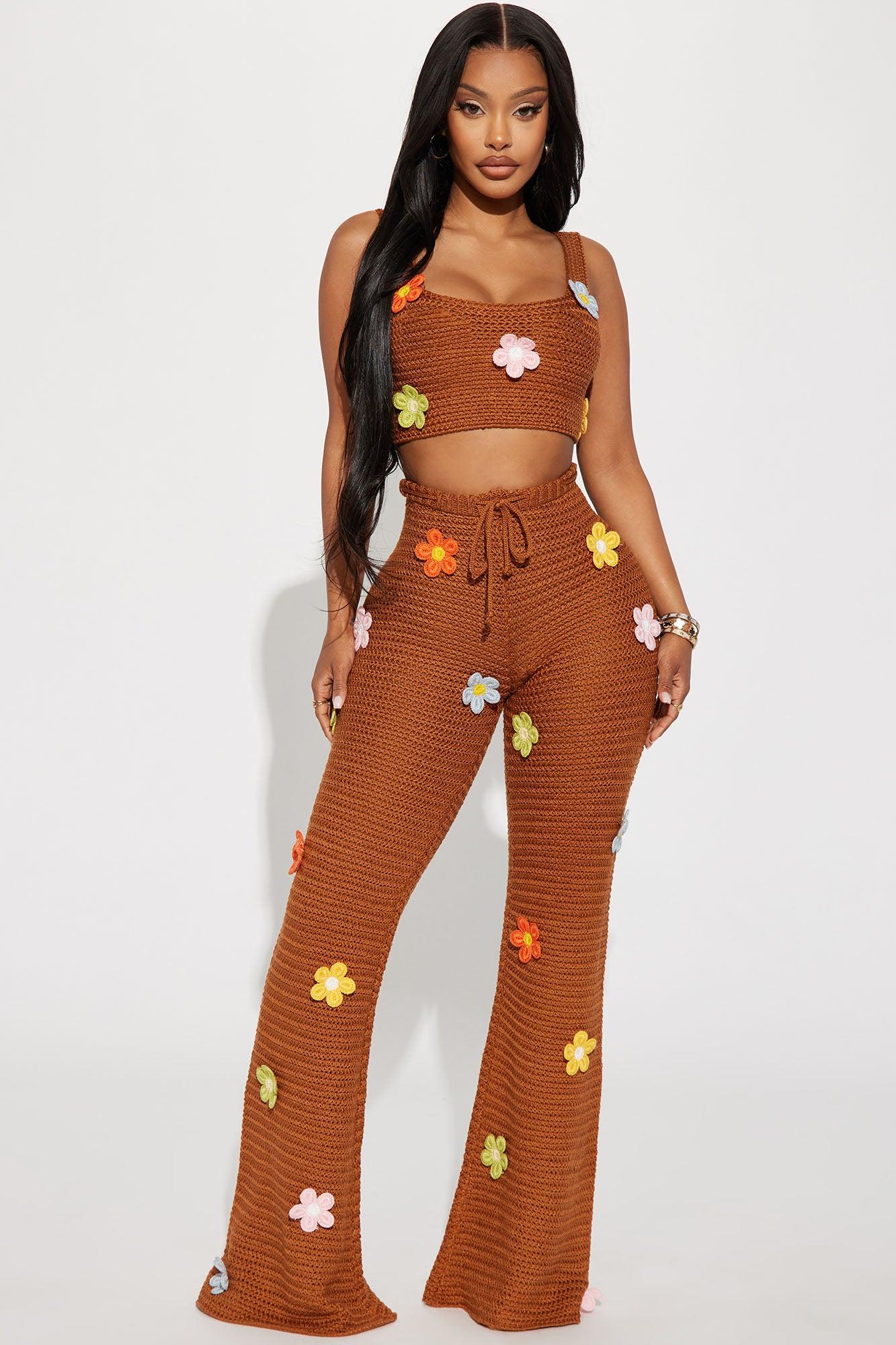 Floral Fields Crochet Pant Set - Mocha Product Image