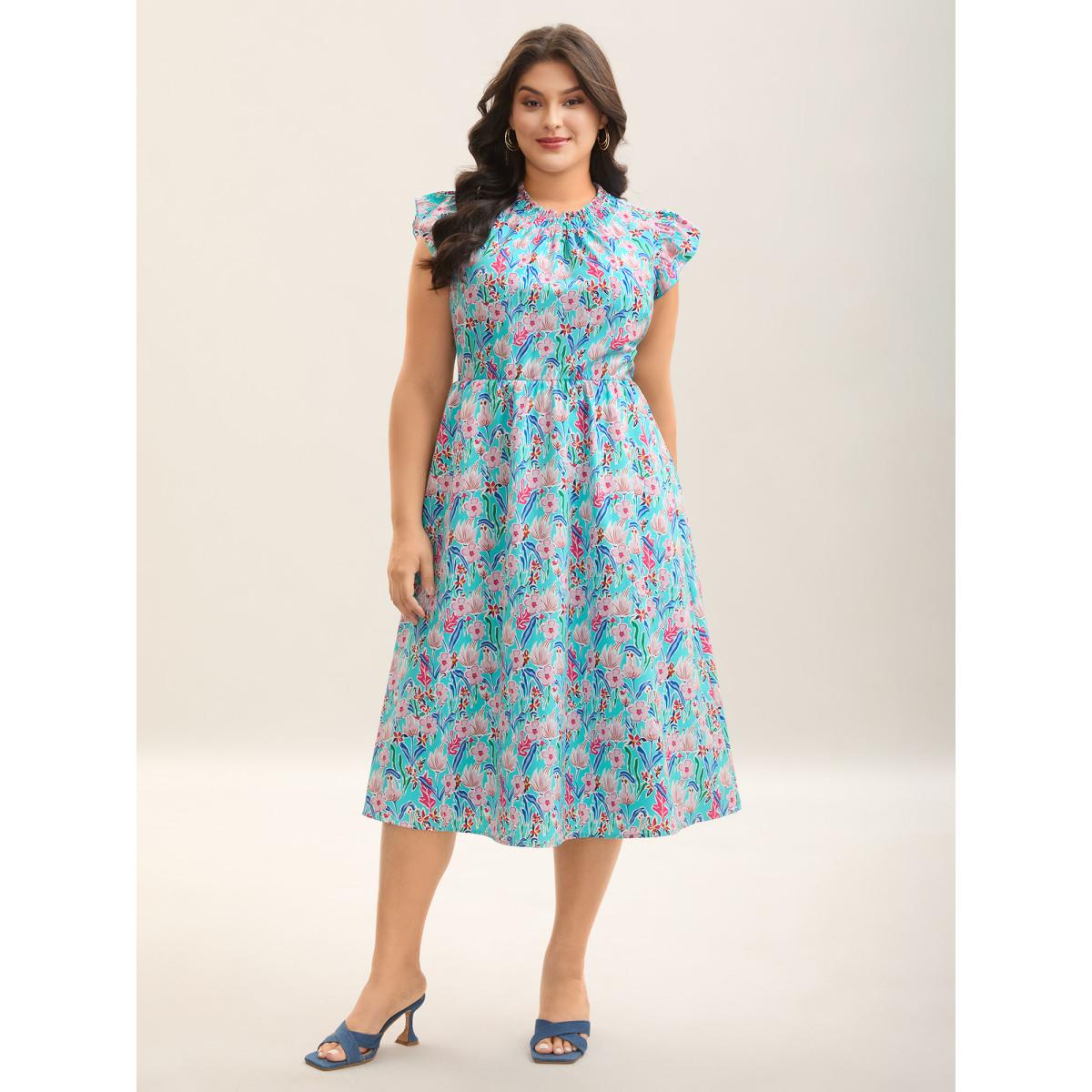 Plus Size Floral Print Shirred Pockets Midi Dress Arctic Women Romantic Frill Trim Mock Neck Cap Sleeve Curvy BloomChic 30/6X Product Image