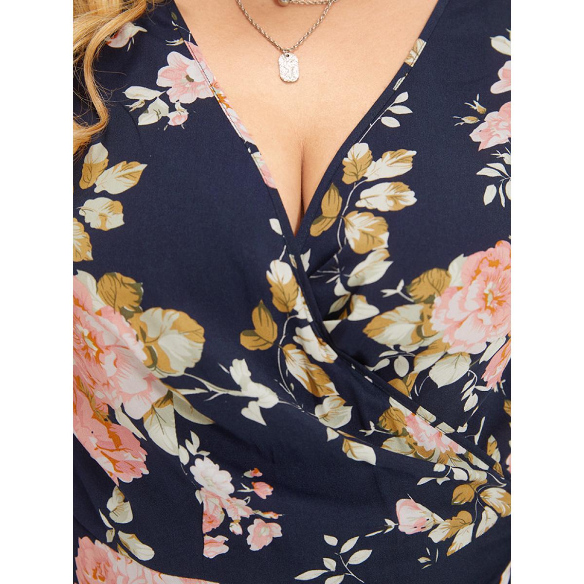 Plus Size Floral Print Pocket Knot Ruffle Sleeve Wrap Dress DarkBlue Women Elegant Wrap V-neck Half Sleeve Curvy Knee Dress BloomChic 30/6X Product Image