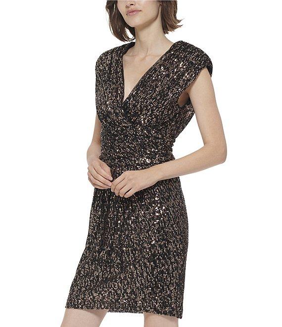 Calvin Klein Cap Sleeve V-Neck Sequin Front Slit Dress Product Image